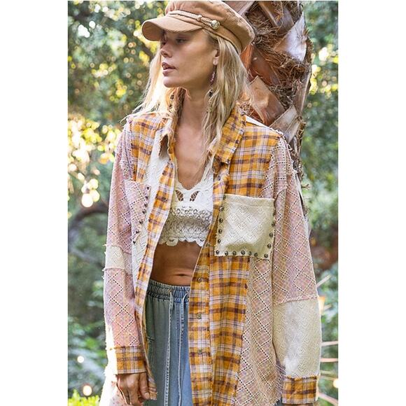 POL Mustard Multi Size Large Oversized Long Sleeve Lace Contrast Shirt in Plaid - Picture 1 of 8